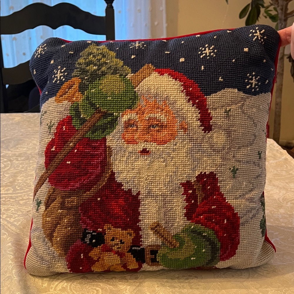 needlepoint Santa Claus EUC pillow,hand-stitched wool front and a red velvet